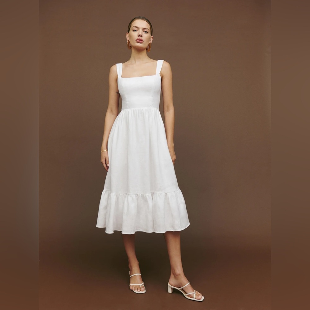 Reformation Bucatini White Linen Midi Dress